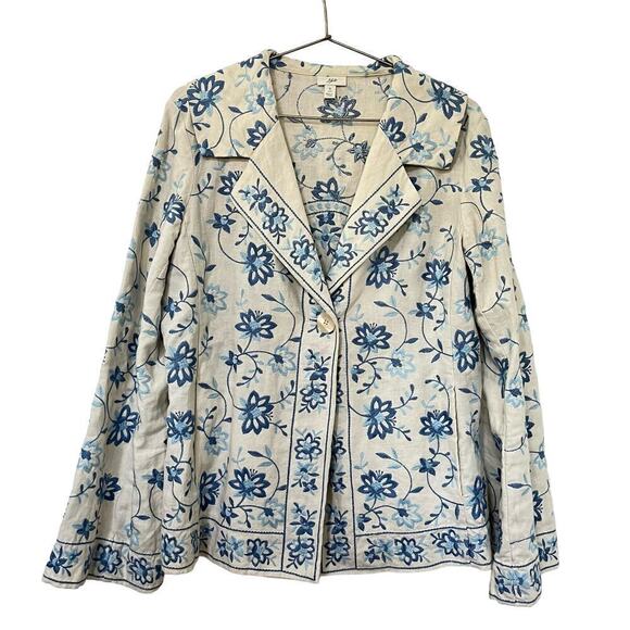 J. Jill Jackets & Blazers - J. Jill Linen Floral Embroidered Jacket Size S Tall‎ Blue Star Boho